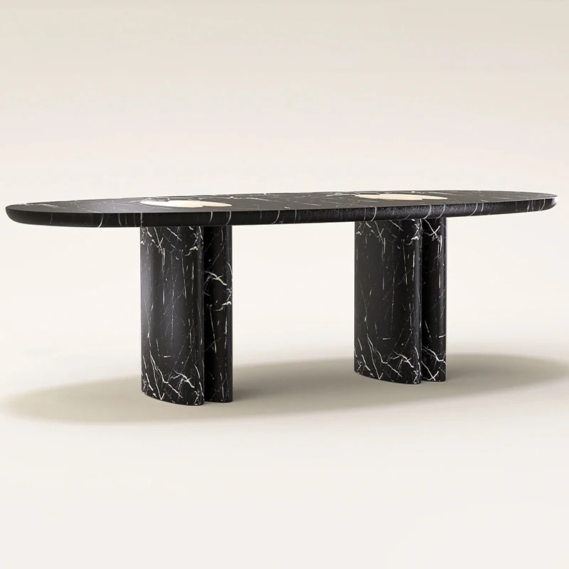 S@  Luxury Stone Black Marble Dining Table Set Office Exhibition Hall Hotel Club Solid Marble Table