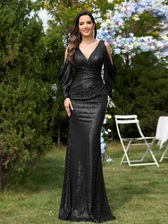 Lucyinlove-Robe de soirée noire à paillettes, col en V, manches longues, robe de cocktail, robe maxi de soirée, robe de Rh, élégante, luxe, quelle que soit, 2024