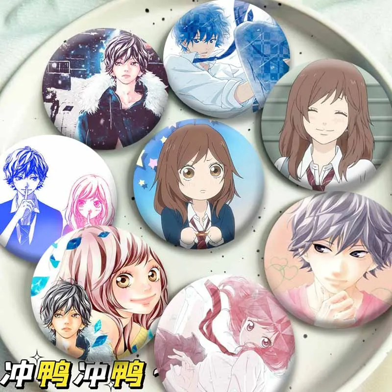 Cute Love Anime Blue Spring Ride Brooch Cartoon Role Playing Lapel Pins Yoshioka Futaba Mabuchi Kou Round Badge Bag Hat Jewelry