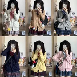 Japanese sweet JK Academy cardigan, embroidered color blocked V-neck knit open front with pocket, all season casual knit sweater