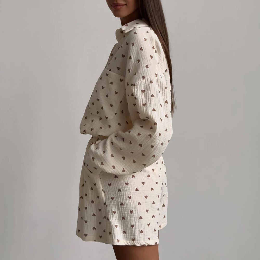 

Casual Home Suits Fashion Shirt And Short Set Love Heart Pattern Slight Stretch Comfortable Home Wear For Lounging