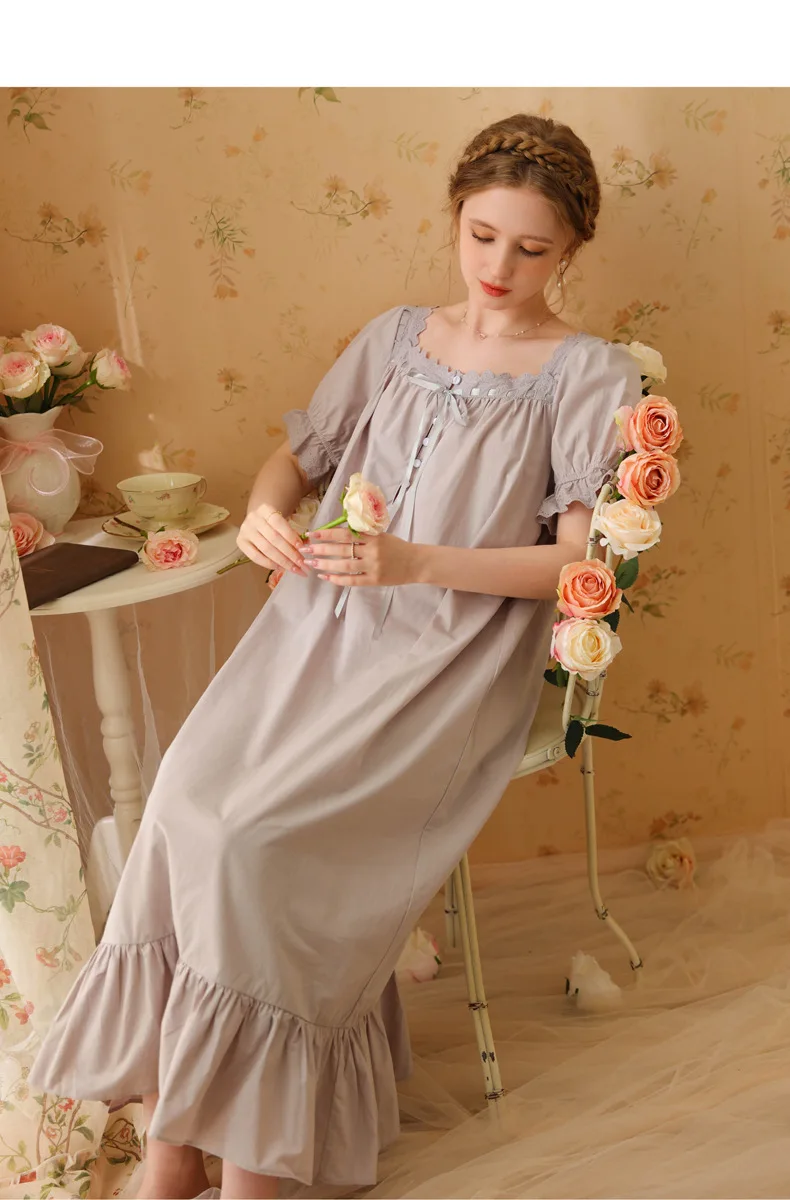 Cotton Vintage Victorian Nightgown Womens Short Sleeve Loose Night Dress Sleepwear Long Loungewear Lace Trim Princess Nightwear