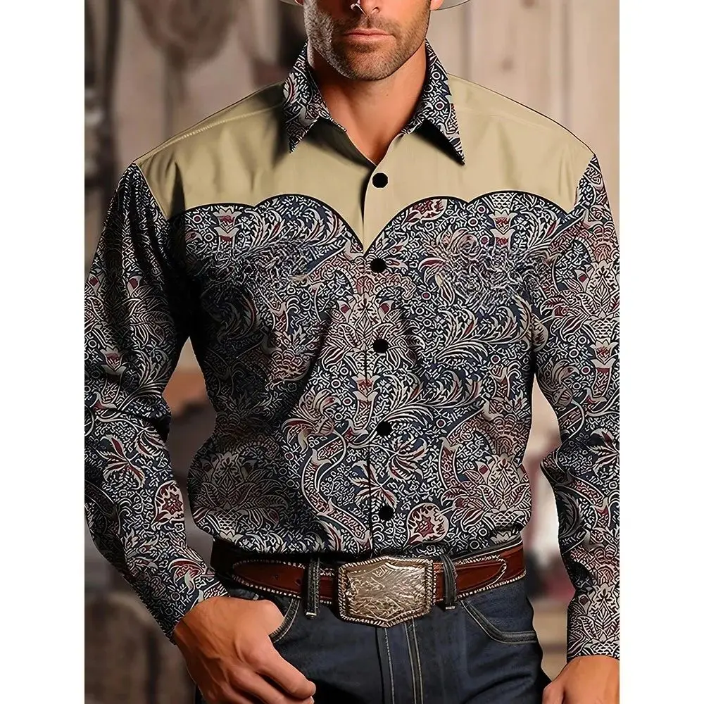 Men's Yellowstone Western Denim Shirt Two-tone Patchwork Design Thickened Fleece Lined  Collar Nine-quarter Sleeve
