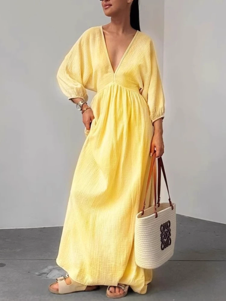 Doce relaxado cintura gravata cor sólida maxi vestido profundo decote em v puff manga curta aberto volta vestidos flowy em camadas longo vestido feminino