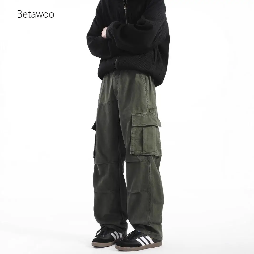 Olive Green Baggy Cargo Pants, Vintage Wash Wide Leg Trousers with Utility Pockets for Daily Wear