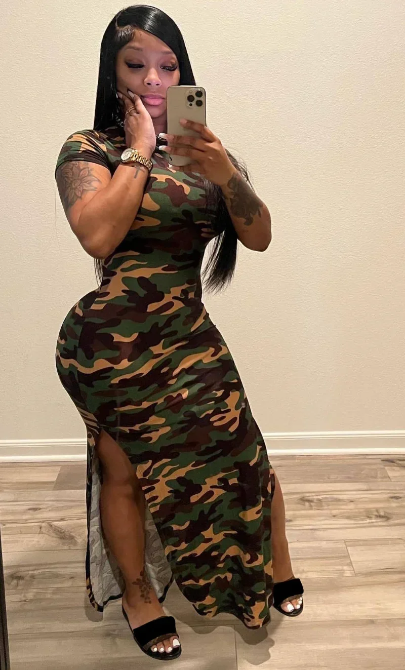 

KEXU Sexy High Split Summer Bodycon Long Maxi Dress Fashion Camouflage Print Club Night Party Short Sleeve Women Dresses