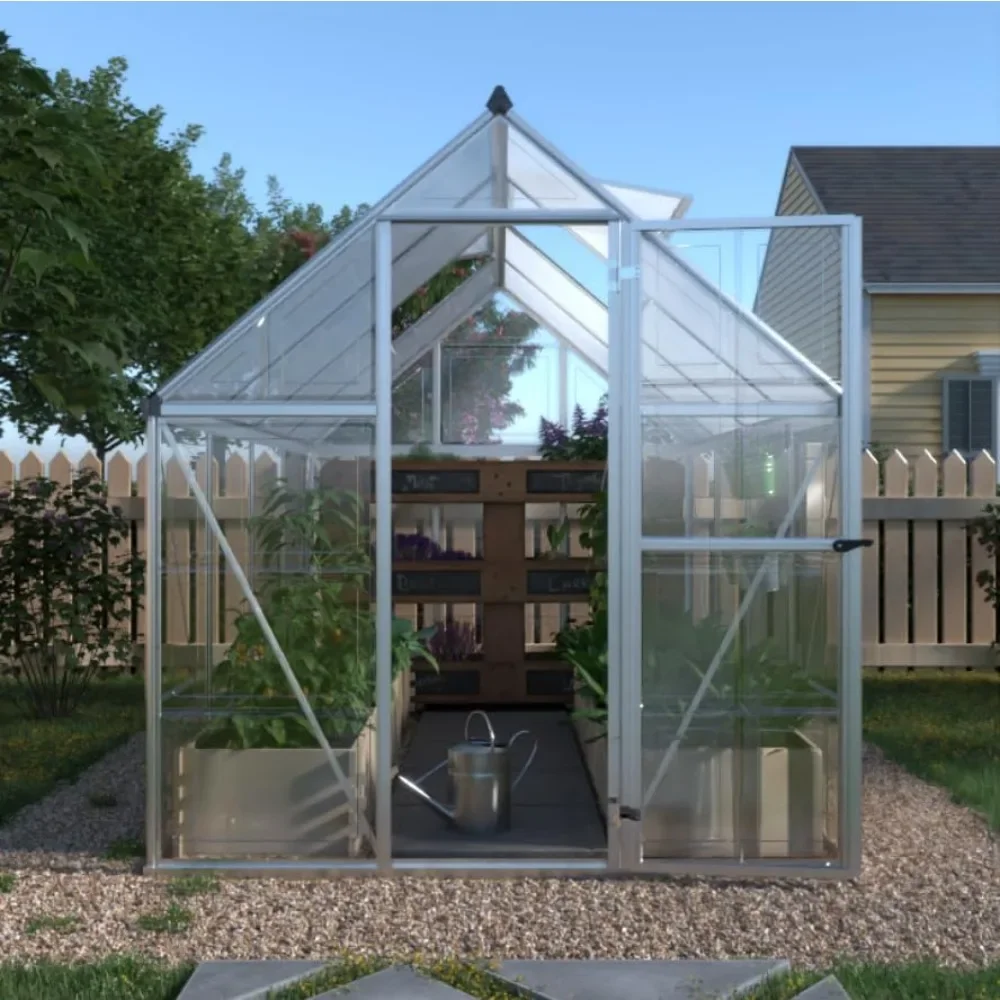 

6x8 FT Hybrid Polycarbonate Greenhouse Lockable Hinged Door with 2 Vent Window Walk-in Hobby Greenhouse, Aluminum Hot