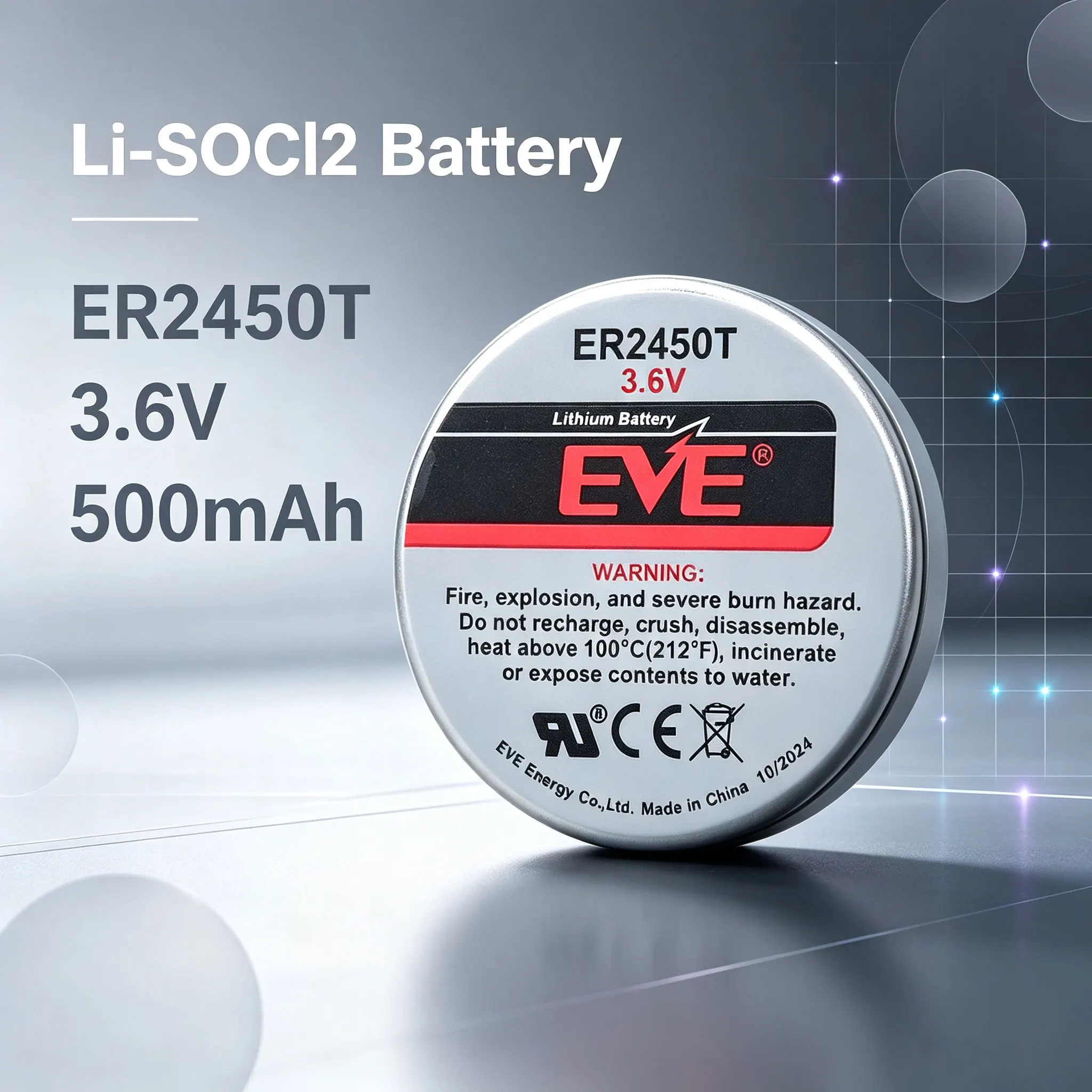 EVE ER2450T 3.6V Li-SOCl2 Battery, high temperature resistance, tire pressure monitoring, sensor, universal Tadilan TLH-2450