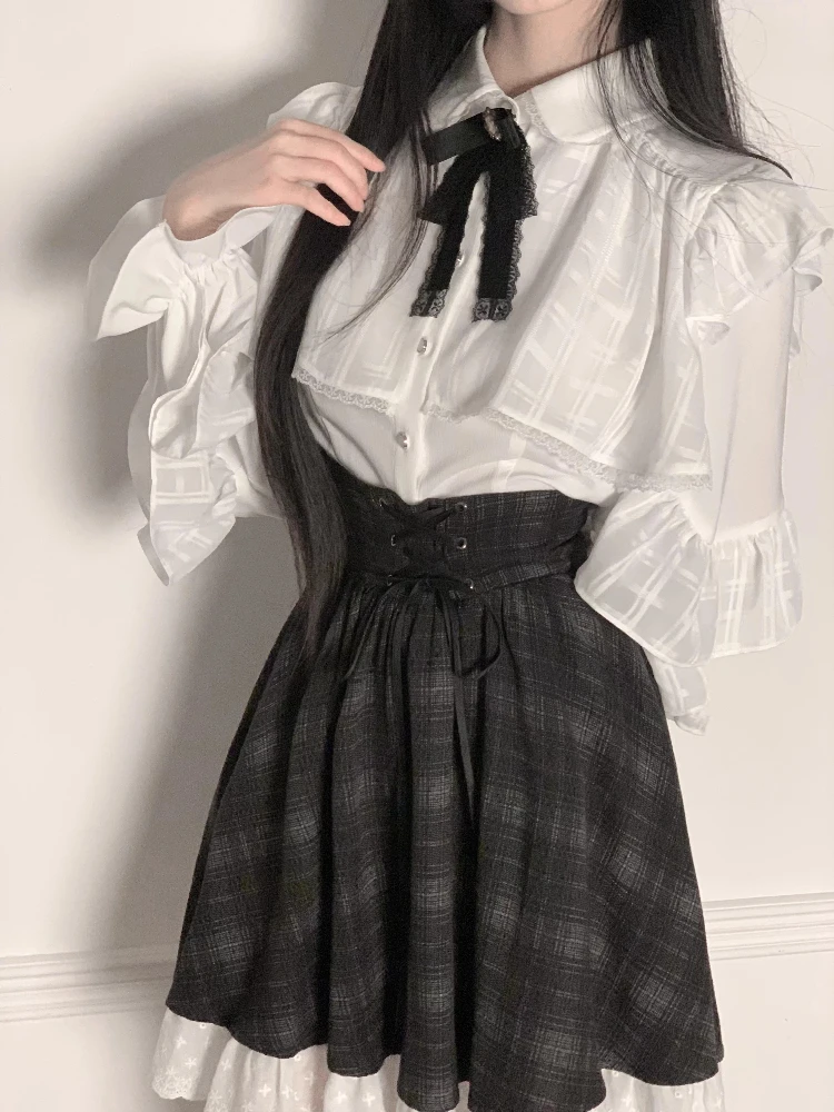 Japanese Elegant Sweet 2 Piece Set Women Vintage Hepburn Casual Kawaii Bow Lace Blouse + Y2k High Waist Plaid Mini Skirt New