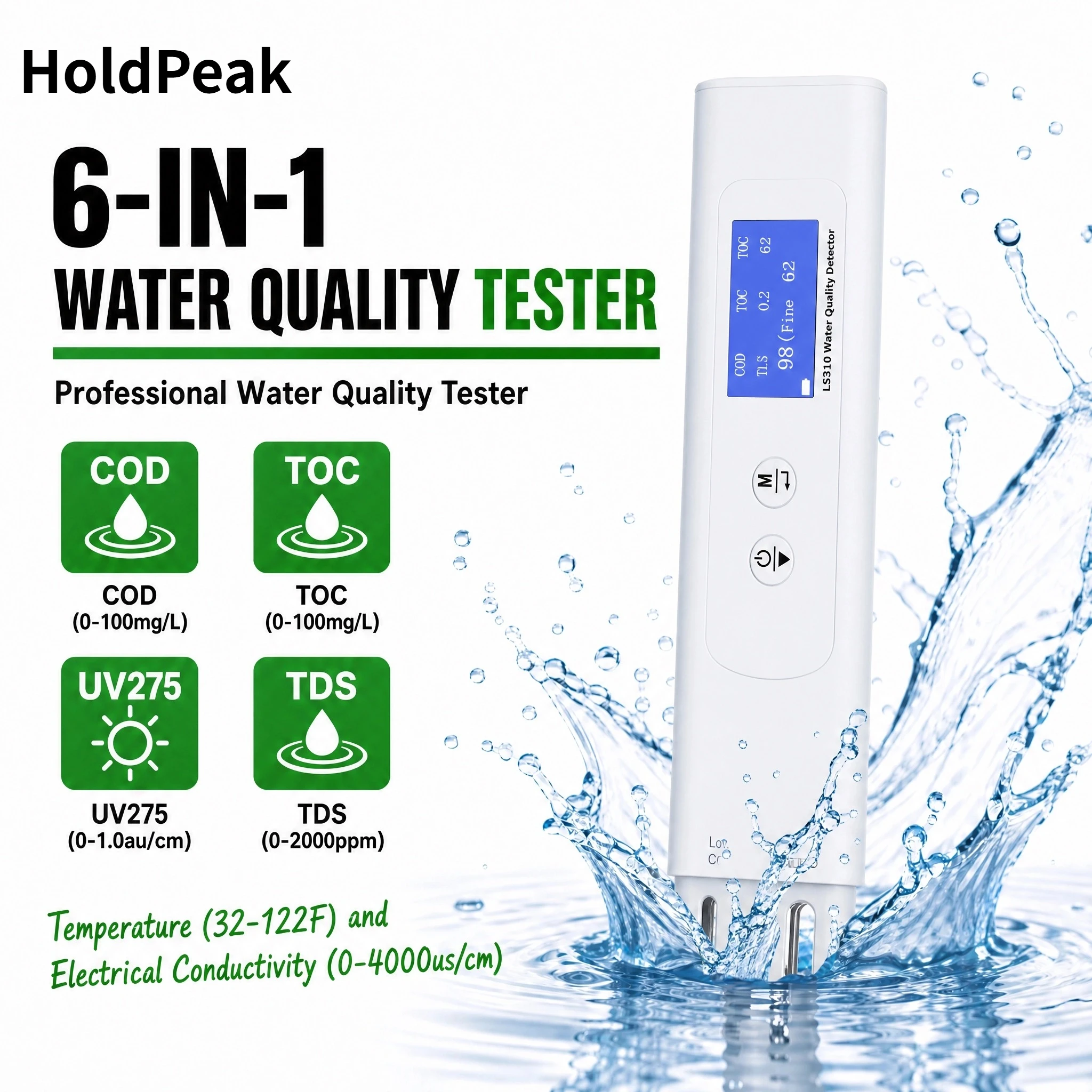 Water Tester, TDS Tester 6 in 1 Professional Digital Water Quality, COD/TOC/TDS/UV275/EC/Temp for Drinking, Tap, Well, Swimming