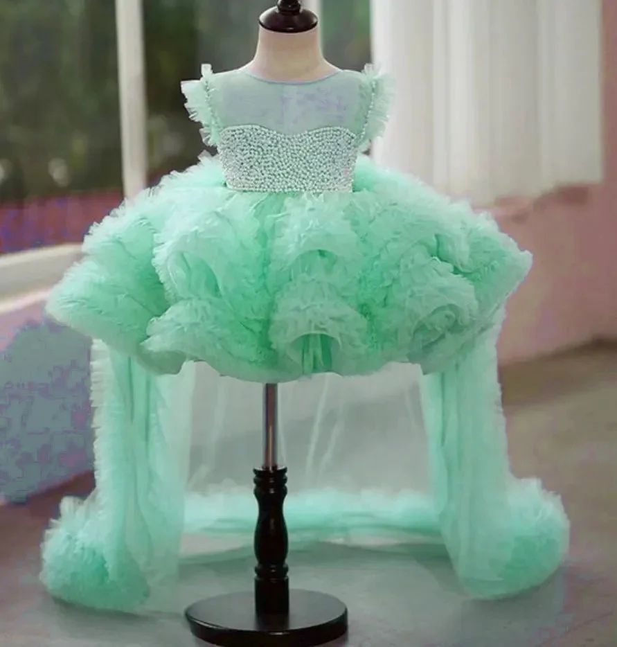 Custom Flower Girl Dress Wedding Gown Birthday Party Pageant Dress Beaded Ruffle Tulle Train Princess Dress For Girls
