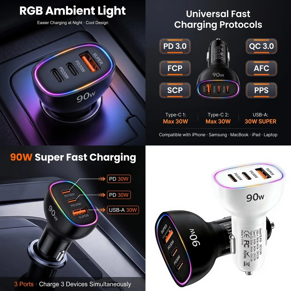 90W USB C Car Charger Multi Port Super Fast Charging Dual PD 30W Type C USB A 30W Adapter for Laptop MacBook Phone RGB LED Light