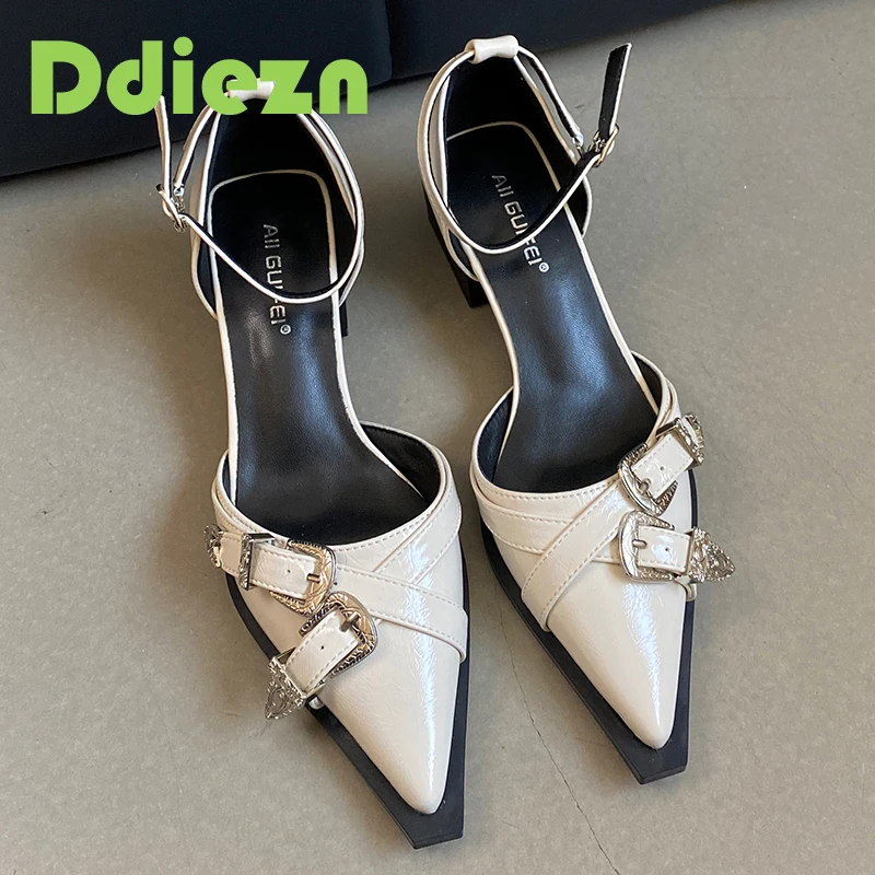 Women High Heels Shoes Ladies Sandals 2024 Pointed Toe Shallow Footwear Thick-Heeled Female Ankle Strap Shoes Fashion Pumps