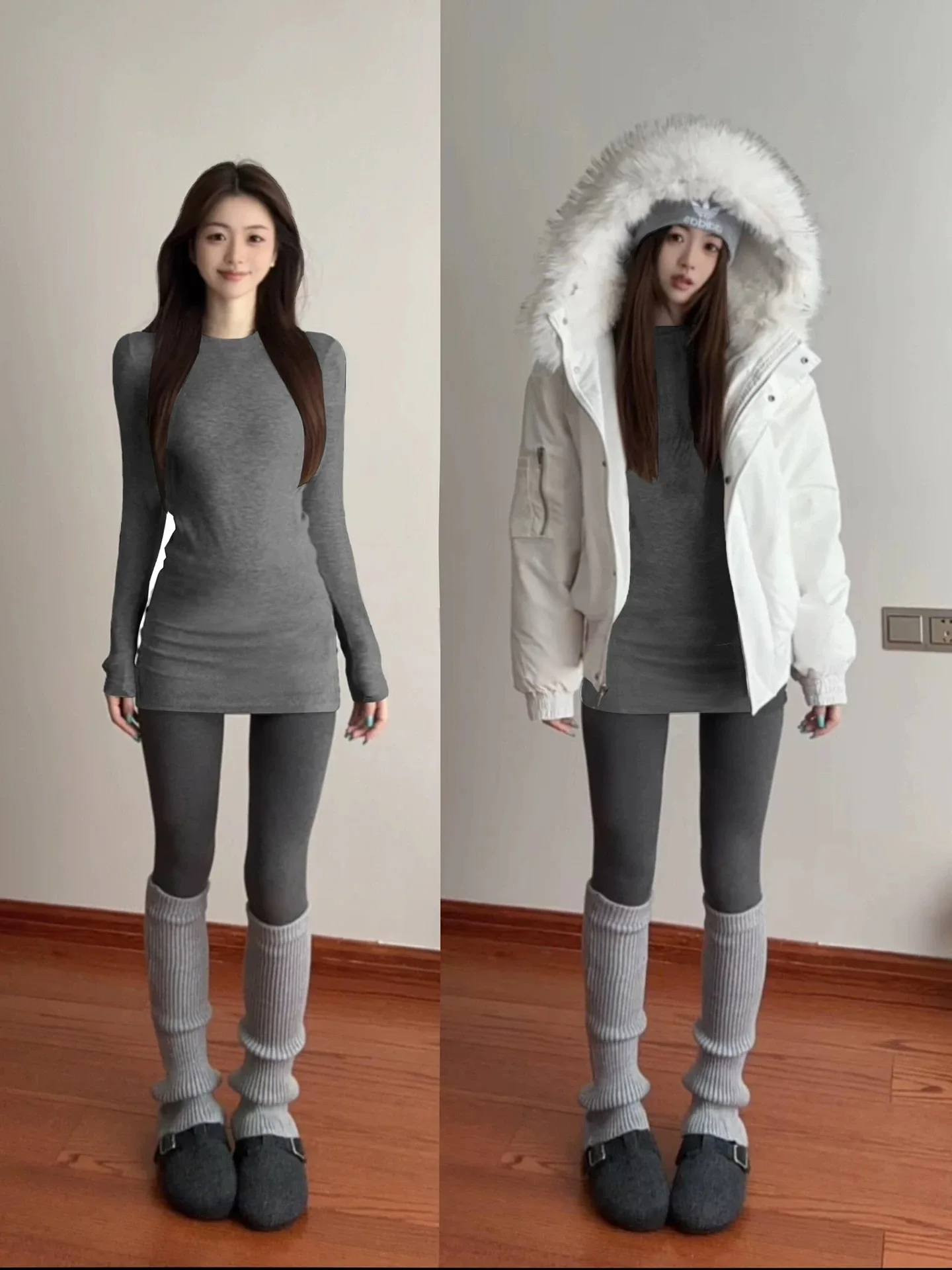 Gray Long Thickened Slim Fit Women's T-shirt Autumn Winter Low Waist Long Sleeve Bodycon Shirt Butt Covering Outerwear
