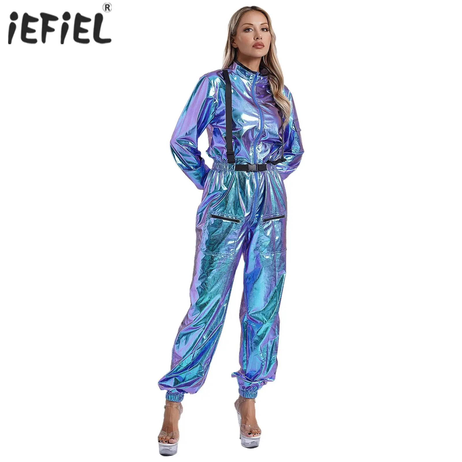 Mono Alien Space Unitards para mujer, disfraz de astronauta para carnaval y Halloween, mono de manga larga con cuello simulado brillante metálico y cremallera