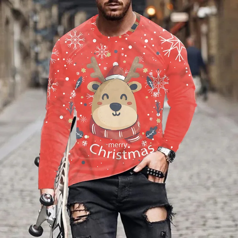 

Autumn Winter Christmas Style Men's Long Sleeve T-Shirts Snowflake And Deer 3D Print Male Red Tees Festival Casual Big Size Tops