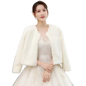 女性のフェイクファーラップ,結婚式の靴,真珠,冬のジャケット,パーティージャケット