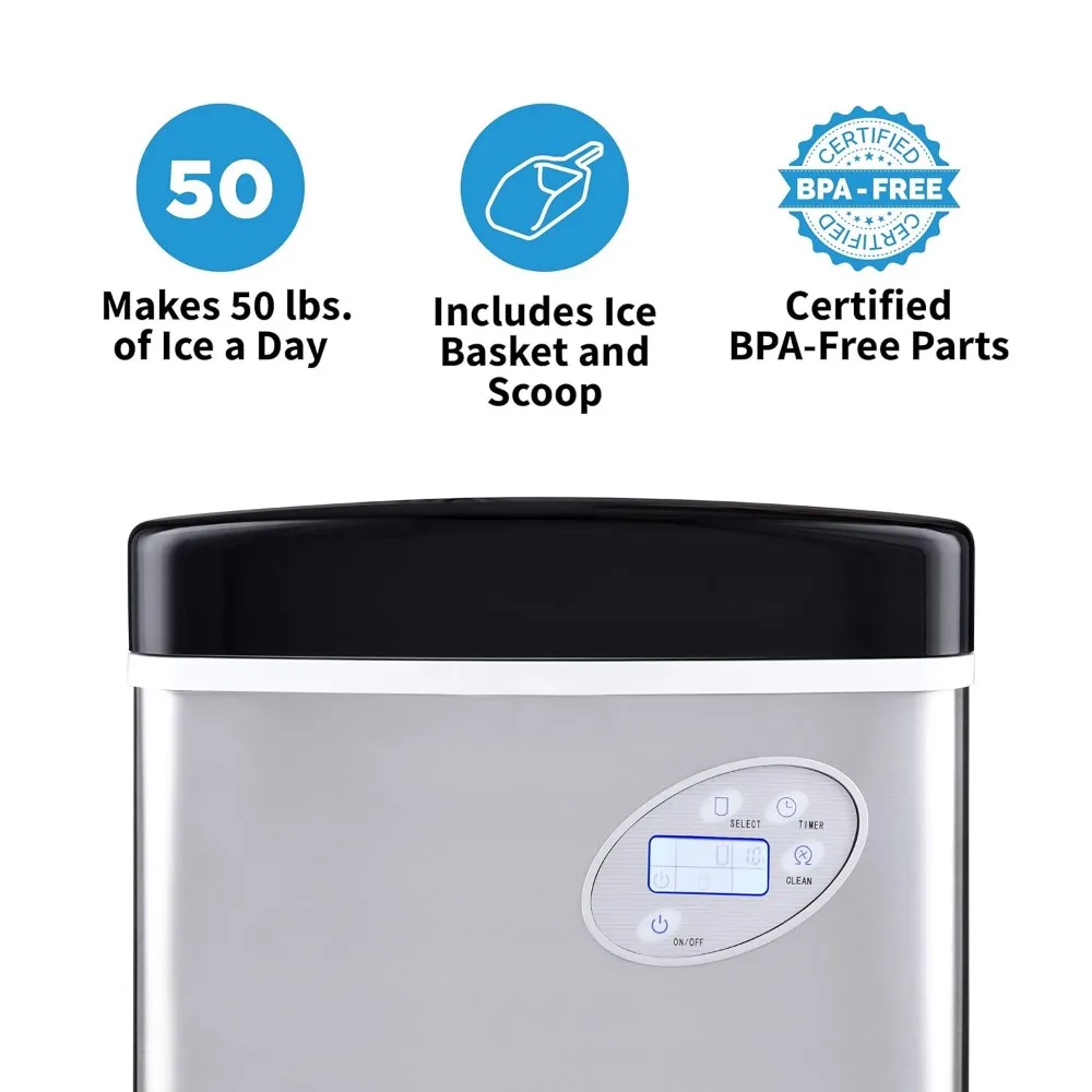 Compact tabletop portable ice maker weighing 50 pounds per day, with 12 cubes and 3 sizes of bullet shaped ice in 7 minutes