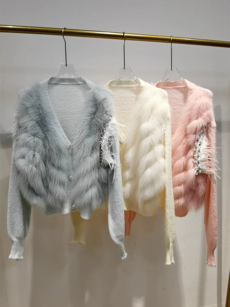 

2024 New Real fur,Candy Color Thin Real Fox Fur Knitted Sweater Cardigan For Women Spring Autumn Outerwear Beading Feather Patch