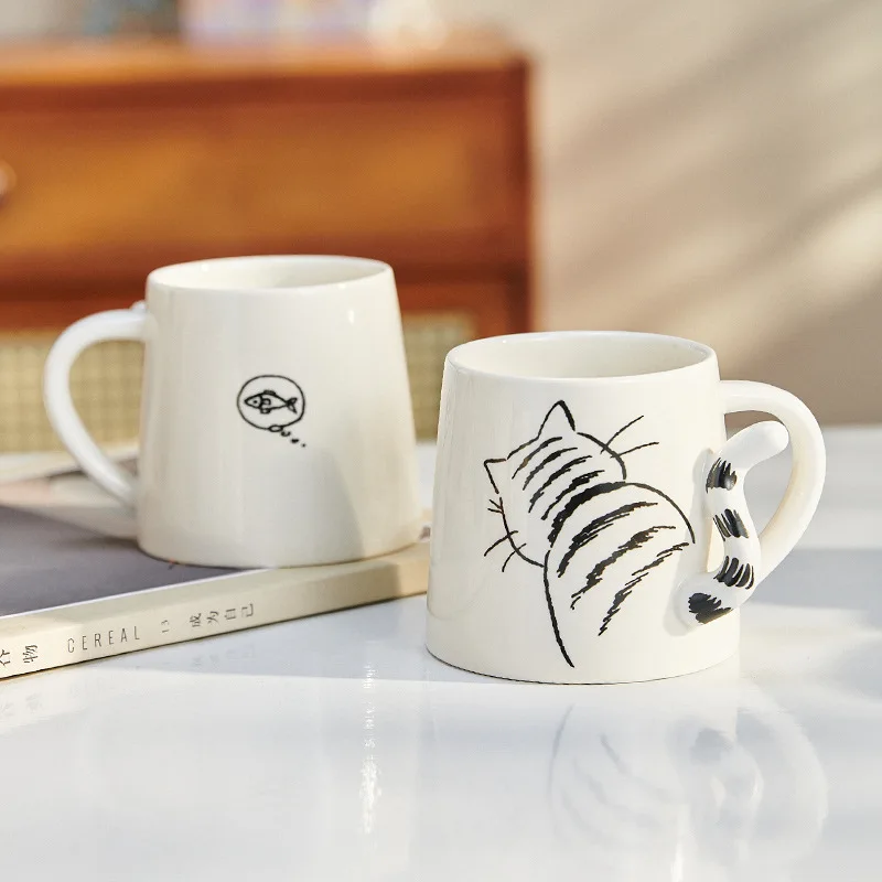 Cute Dog And Cat Rabbit Tail Ceramic Mug with Spoon Household Water Cup Coffee Cups Teacup Breakfast Milk Drinking Cup Creative