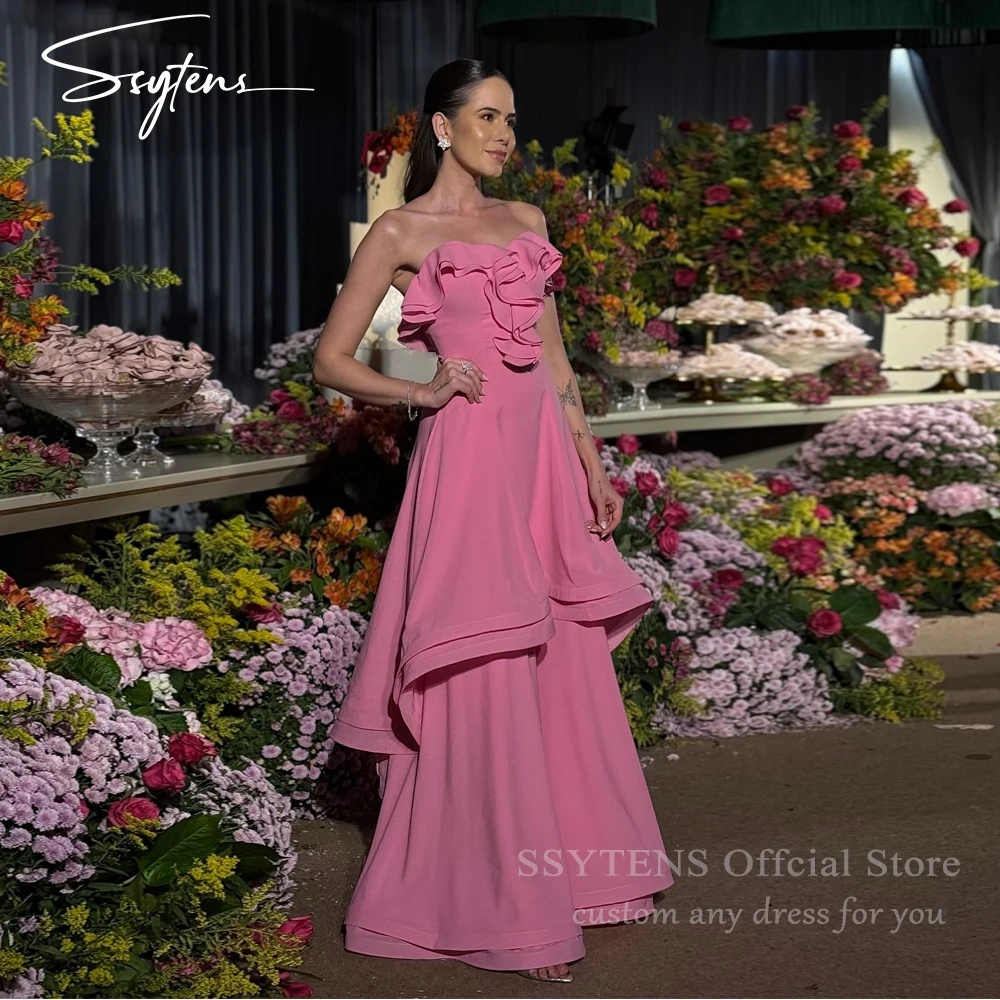 

SSYTENS Pink Strapless Ruffle Bridemaid Dresses Long Prom Dress Sweetheart Formal Gown Wedding Guest Party Dresses Customized