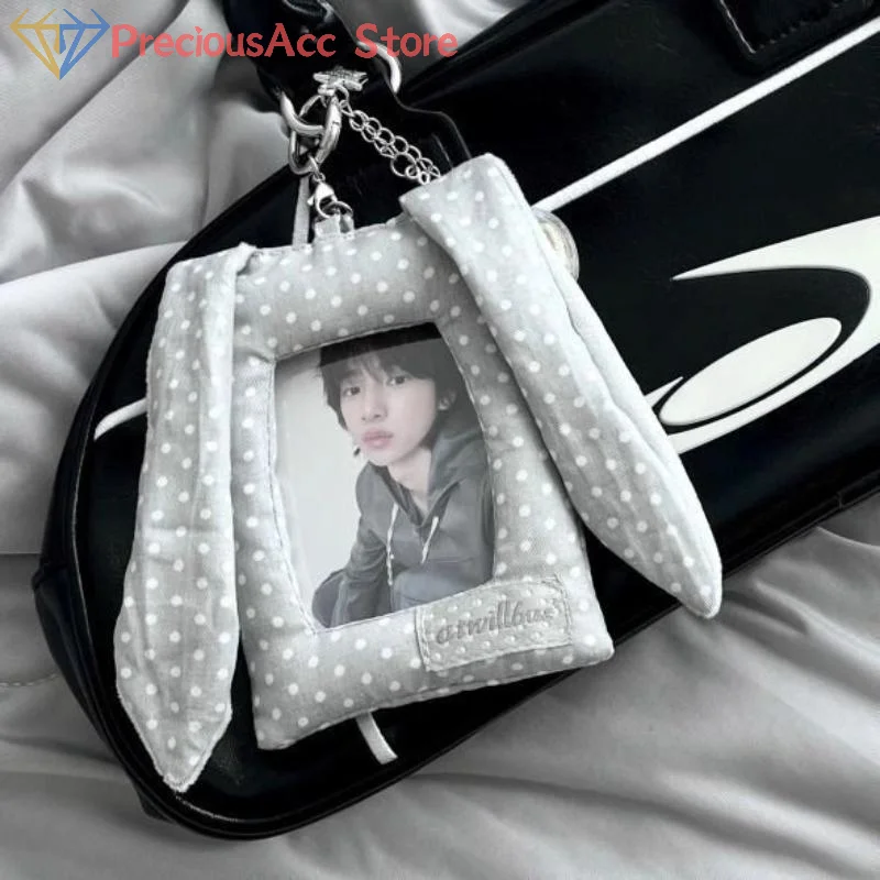 Y2K Polka Dot Rabbit Ear Card Holder Keychain 3 Inch Photocard Case Bag Pendant Gift