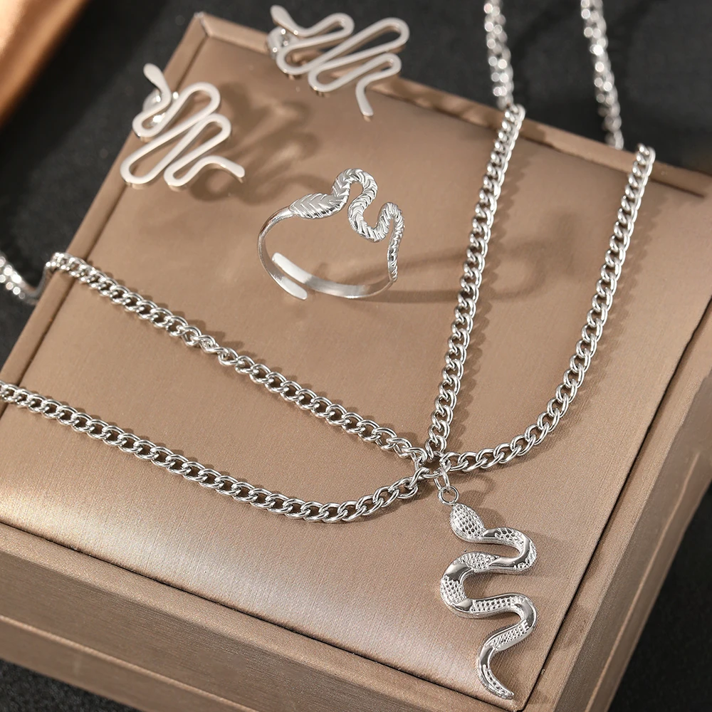 Stainless Steel Jewelry Set Fashionable Atmosphere Snake Earrings Snake Necklace Snake Ring Jewelry Set For Women Jewelry Gifts