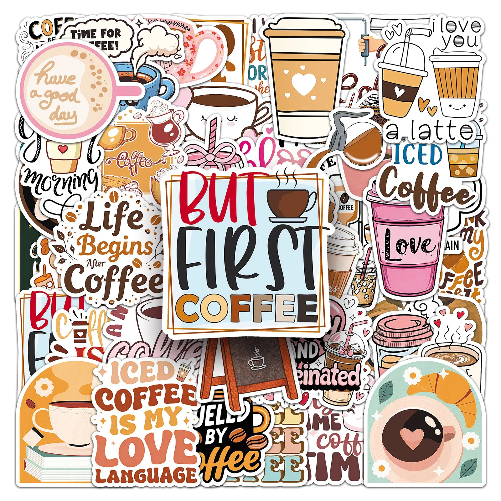 50 Stück Kaffee-Graffiti-Aufkleber für Dekoration von Wasserflaschen, Schutzhelmen, Gepäck, Fahrrädern, Skateboards