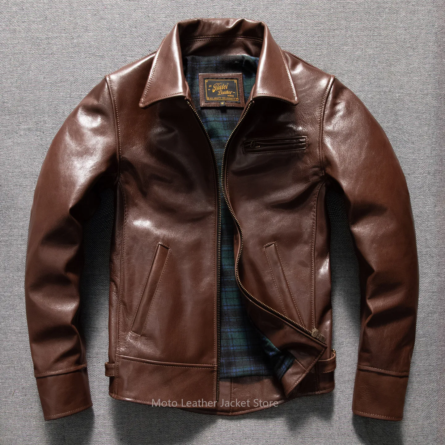 Men's Uncoated Oil Wax Thick First Layer Goatskin Leather Jacket, Short Tailcoat Genuine Leather Biker Coat for Autumn Winter