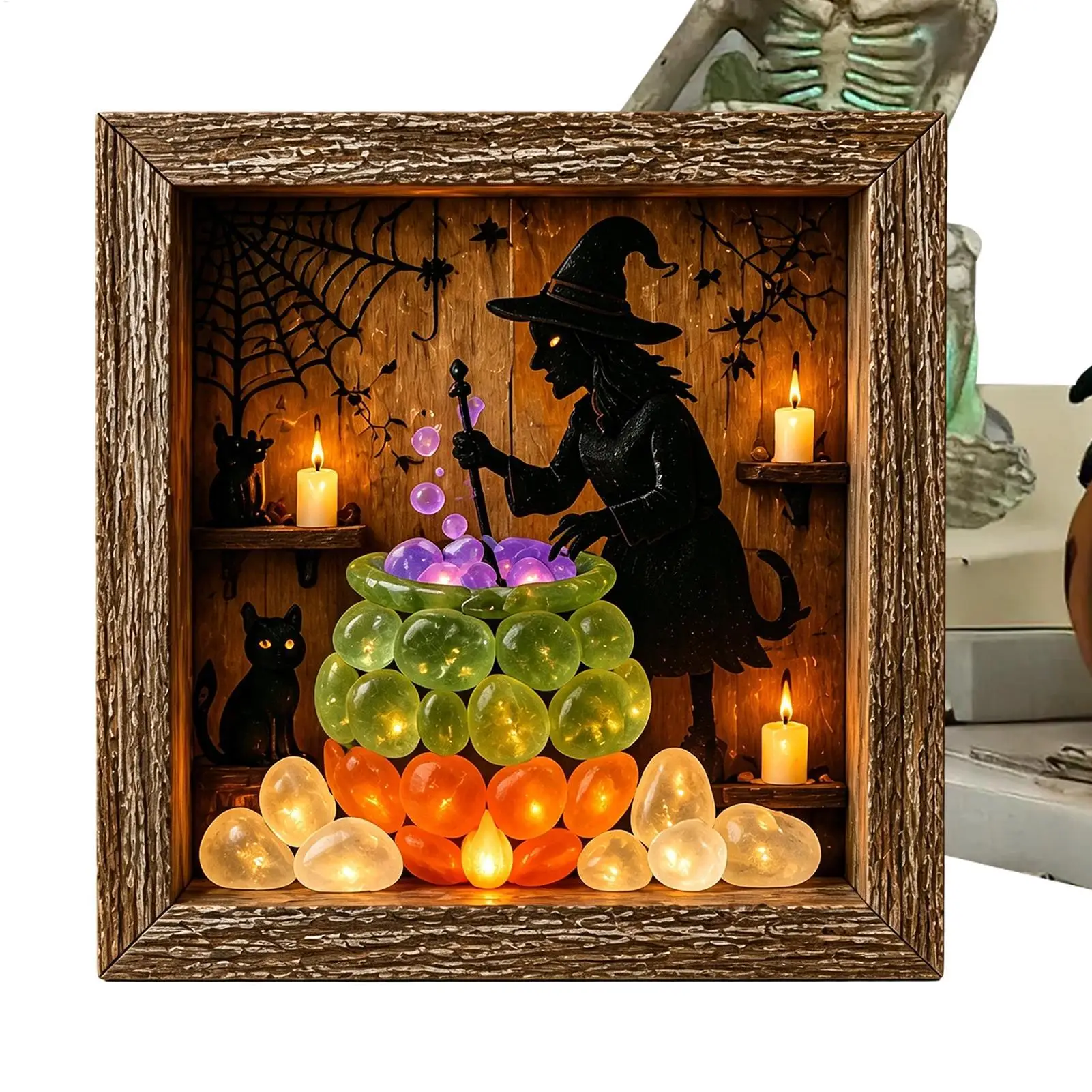 Boîte à souvenirs LED avec cadre en verre marin, ensemble d'ornements de bureau, 21,5x21,5x3,7 cm, décor de table lumineux pour Halloween, pour cheminée ou dîner