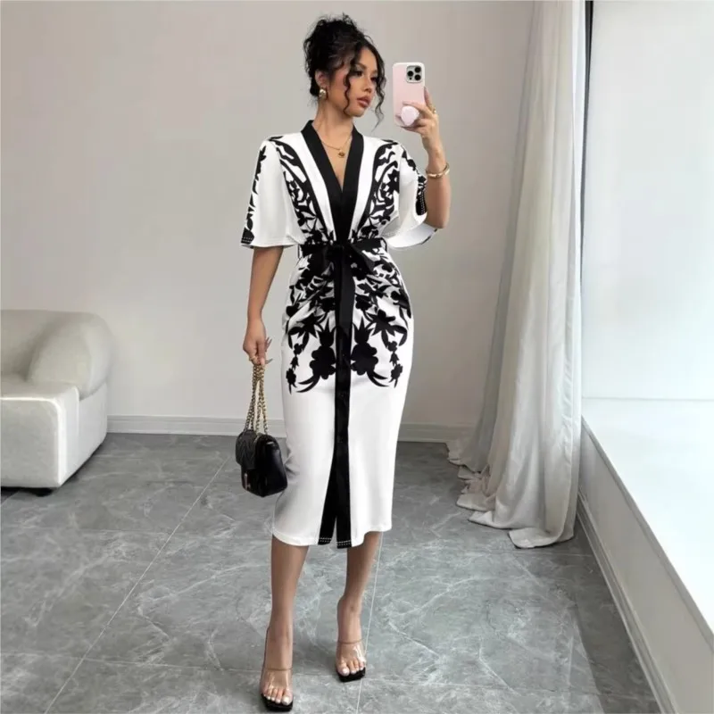 

Black White Flower Printed Dress for Womens Short-sleeved V-Neck Lace-up Tied Waist Party Evening Midi Dresses Robe Office Lady
