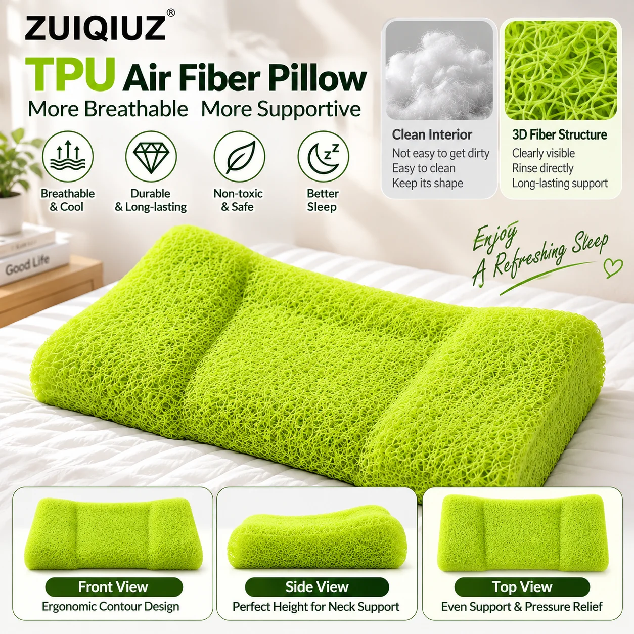 TPU Air Fiber Pillow Core Breathable Easy to Clean Quick Dry Soft Supportive 52x30x8.5cm for Home Bedroom Sleeping