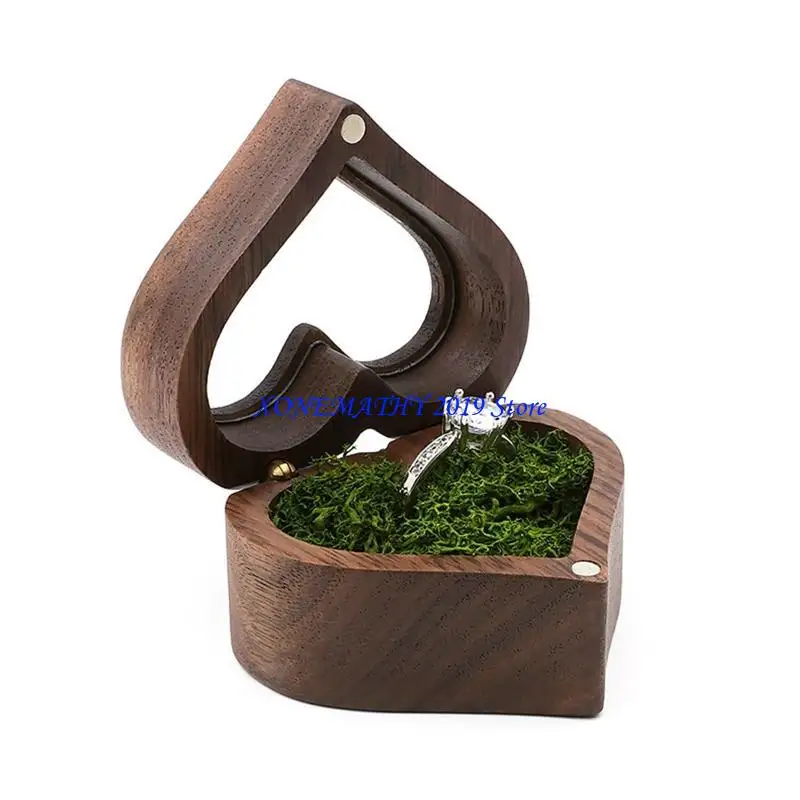 

F42F Wedding Love Ring Box Walnut Pair Ring Storage Packaging Gift Box Heart-shaped Wooden Box Ear Earrings Jewelry Box