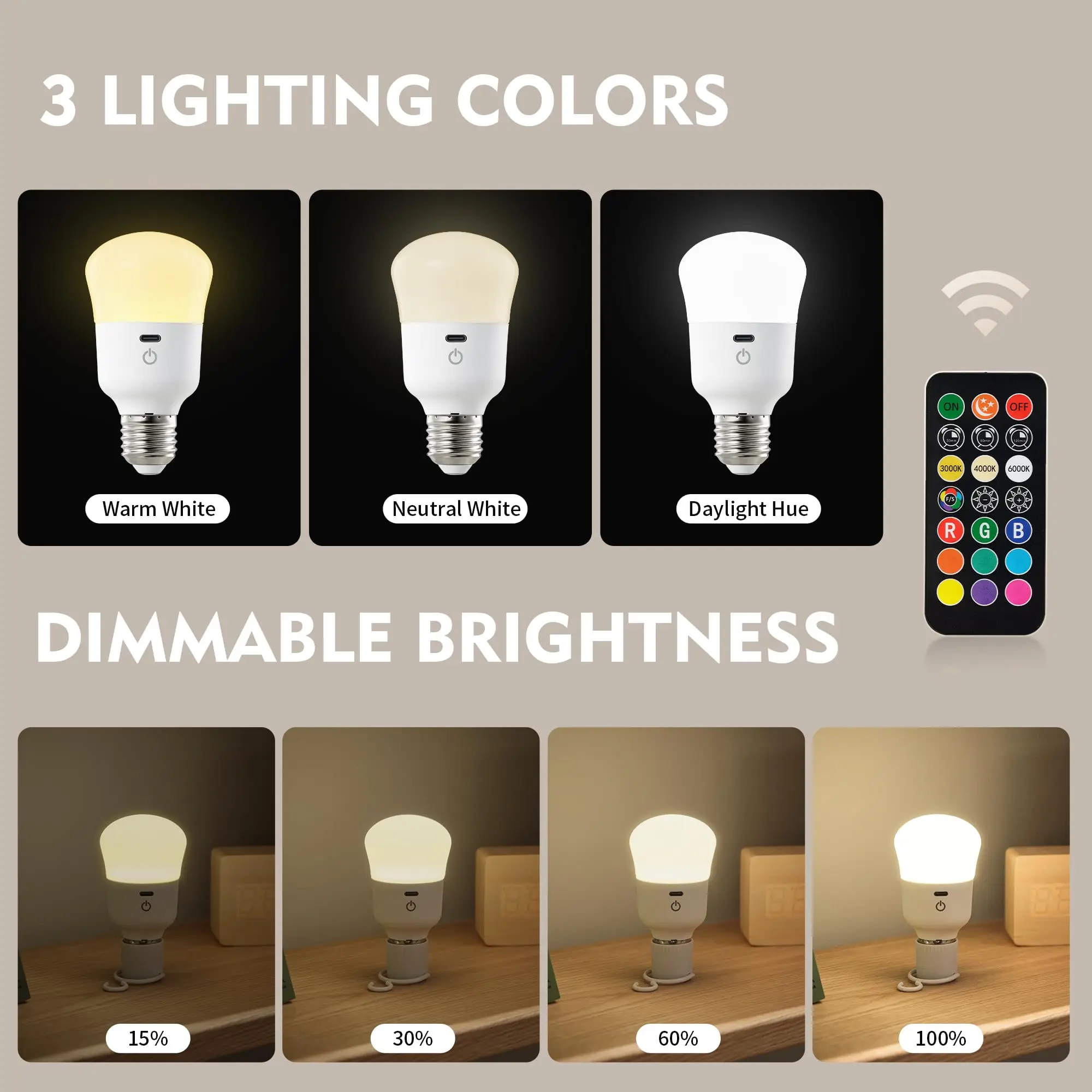 7W Rechargeable bulb with remote control, battery powered LED bulb, home or outdoor emergency light, 3-color RGB, timer, 2 pack