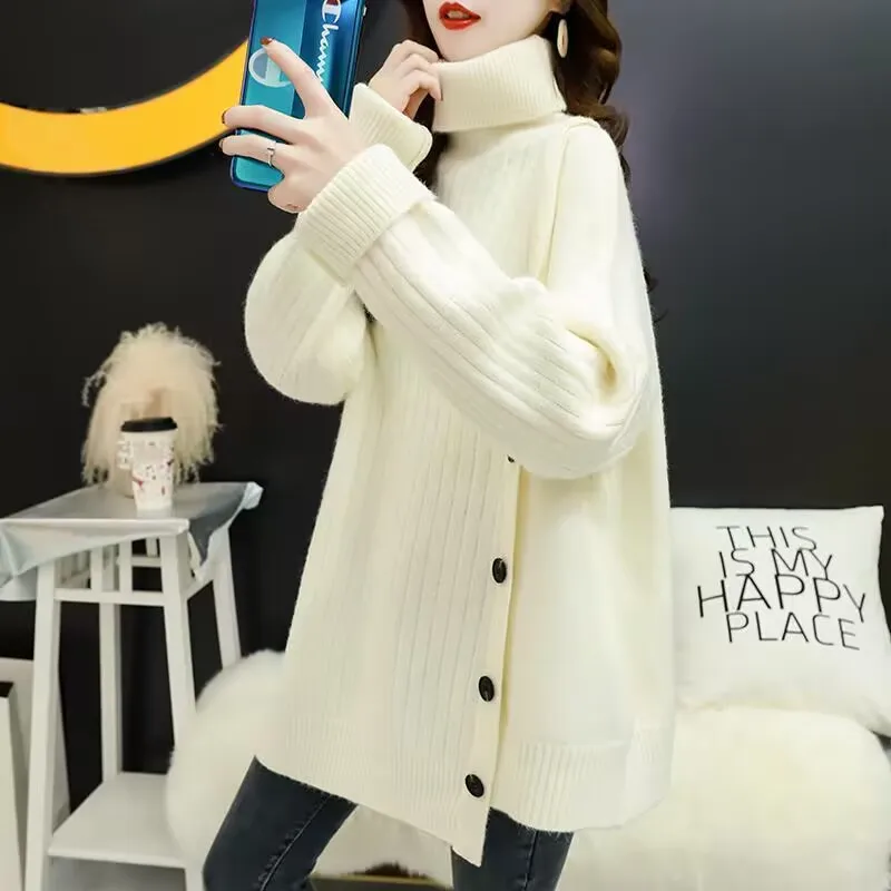 2025 New Turtleneck Pullover Sweater Women Autumn Winter Knitted Sweater Korean Style Button Casual Outwear knitted Sweater