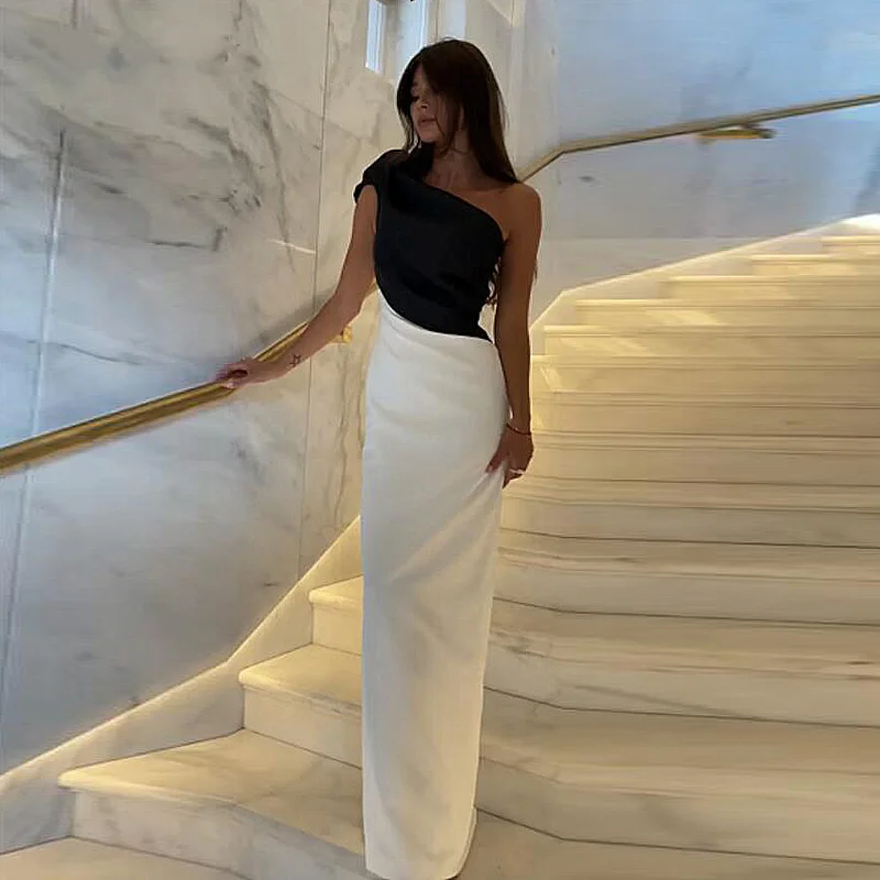 

White and Black Sexy Evening Dress for Wedding Party Satin One Shoulder Mermaid Prom Gowns Party Dress فساتين مناسبة رسمية