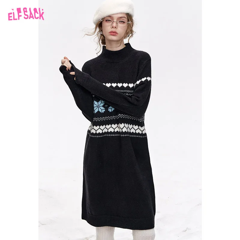 

ELFSACK 2024 Winter New Arrivals Fair Isle knitting straight knitted dress women inner wear Christmas outfit