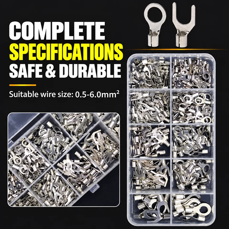 320pcs Non-Insulated Crimp Terminals Kit Ring Spade Wire Connectors Assortment SNB RNB Tin-Plated Copper Electrical Lug
