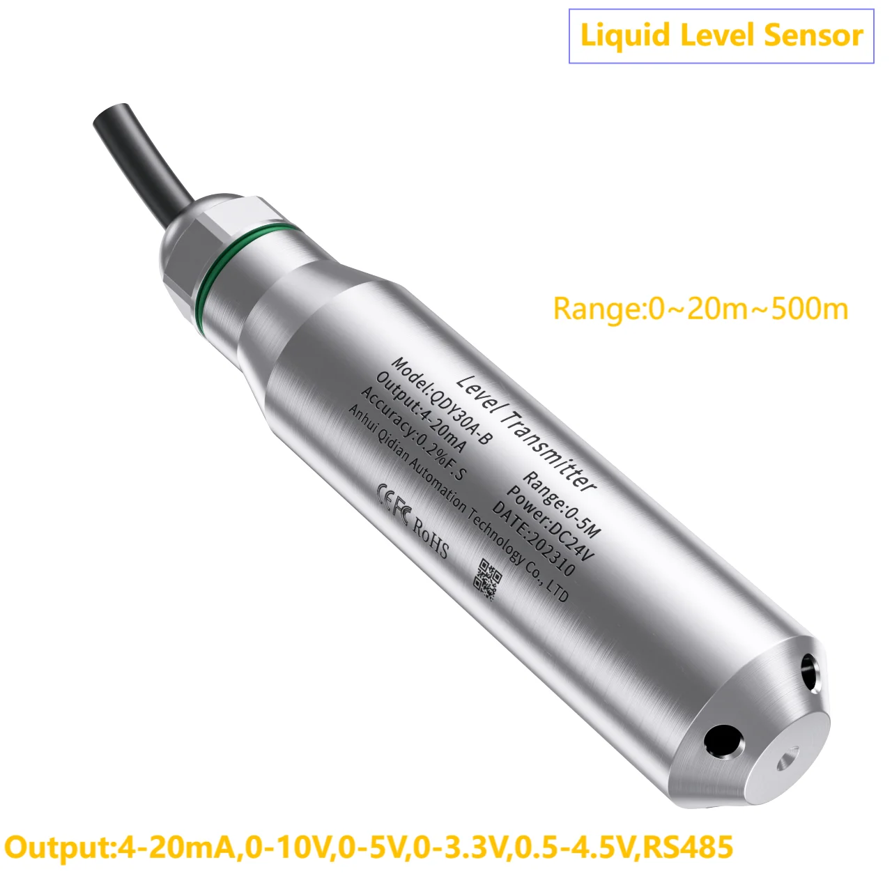 

2M Cable Water Liquid Level Transmitter for Fire Water Tank DC12V DC24V Submersible Water Level Transducer 4-20mA 0-10V