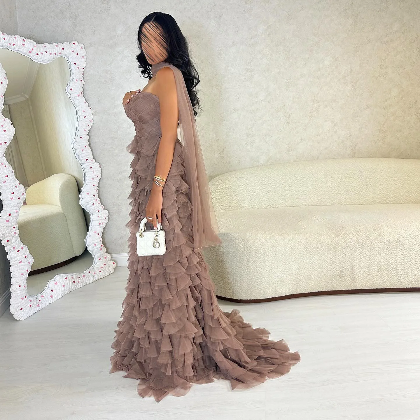 Sharon Said Elegante abito da sera a sirena blu navy con volant sciarpa Abiti da festa di nozze da donna modesti SF233 personalizzati