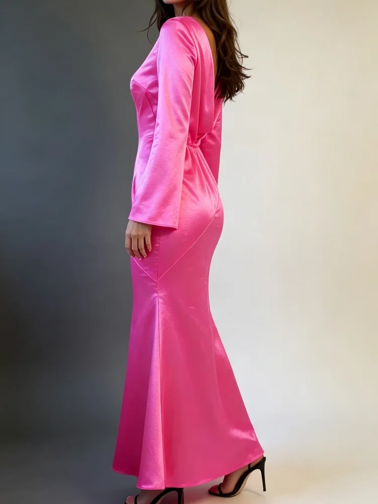 Satin-Meerjungfrauenkleid für Damen, langes Abendkleid mit ausgestellten Ärmeln, Rückenfreies, figurbetontes, formelles Maxikleid für Hochzeitsgäste und Partys – Detail 3