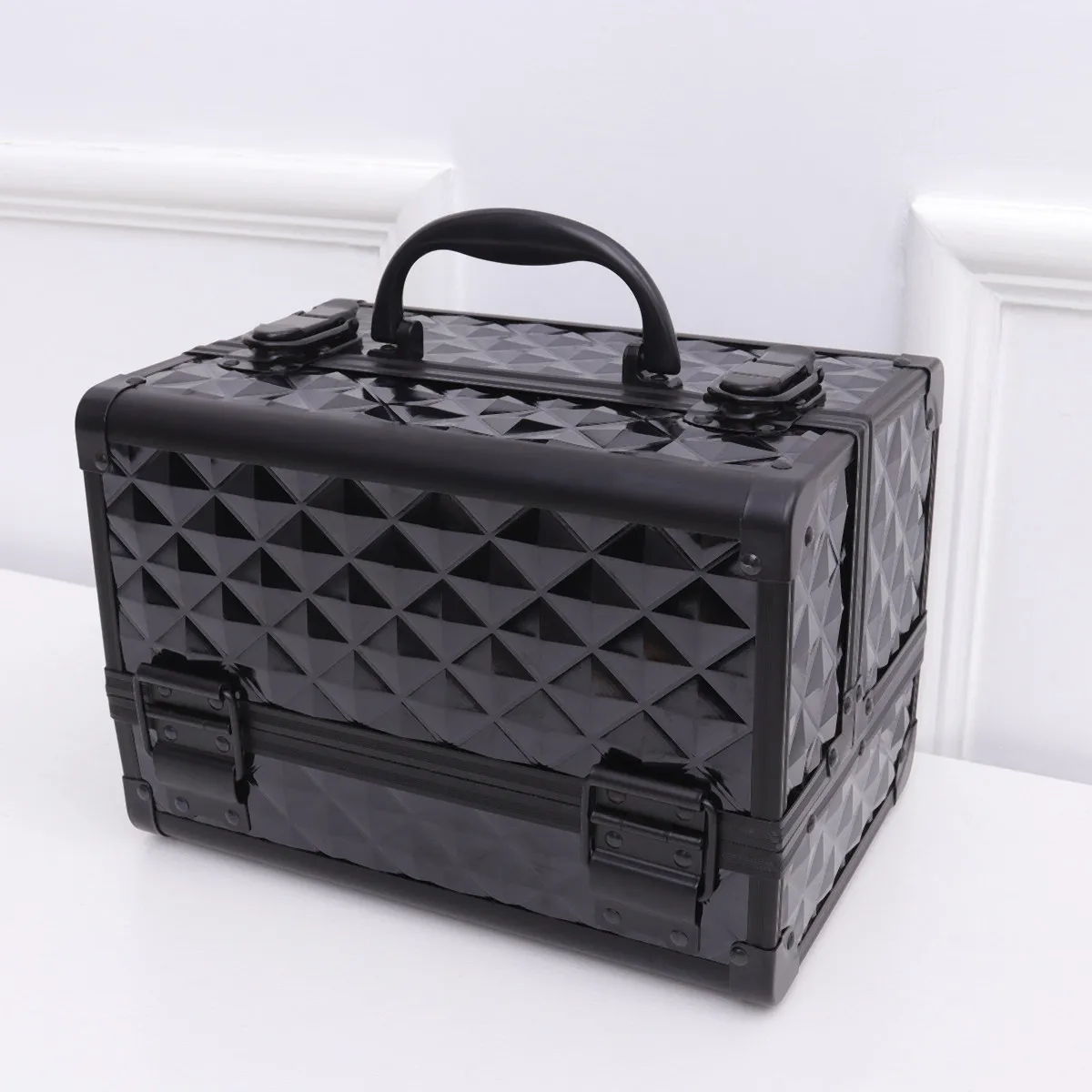 

Large Capacity Box Metal Two-Layer Portable Makeup Organizer Nail Beauty Case Carry Handle for Salon