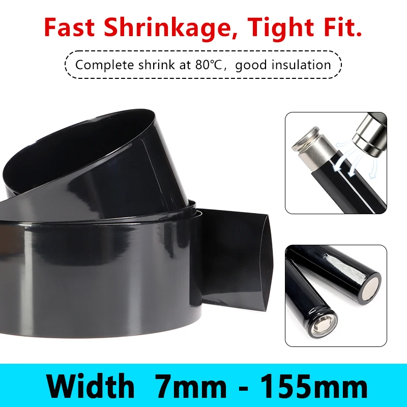 1M-20M Black PVC Heat Shrink Tube 7mm -155mm 18650 Lipo Battery Pack Insulated Cable Sleeve Lithium Film Case Battery Wraps
