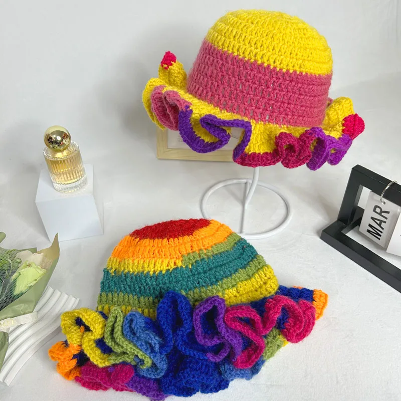 New Colorful Crochet Ruffle Brim Knit Bucket Hats Woman Handmade Stretch Fisherman Caps Winter Outdoor Warm Windproof Beanie Hat