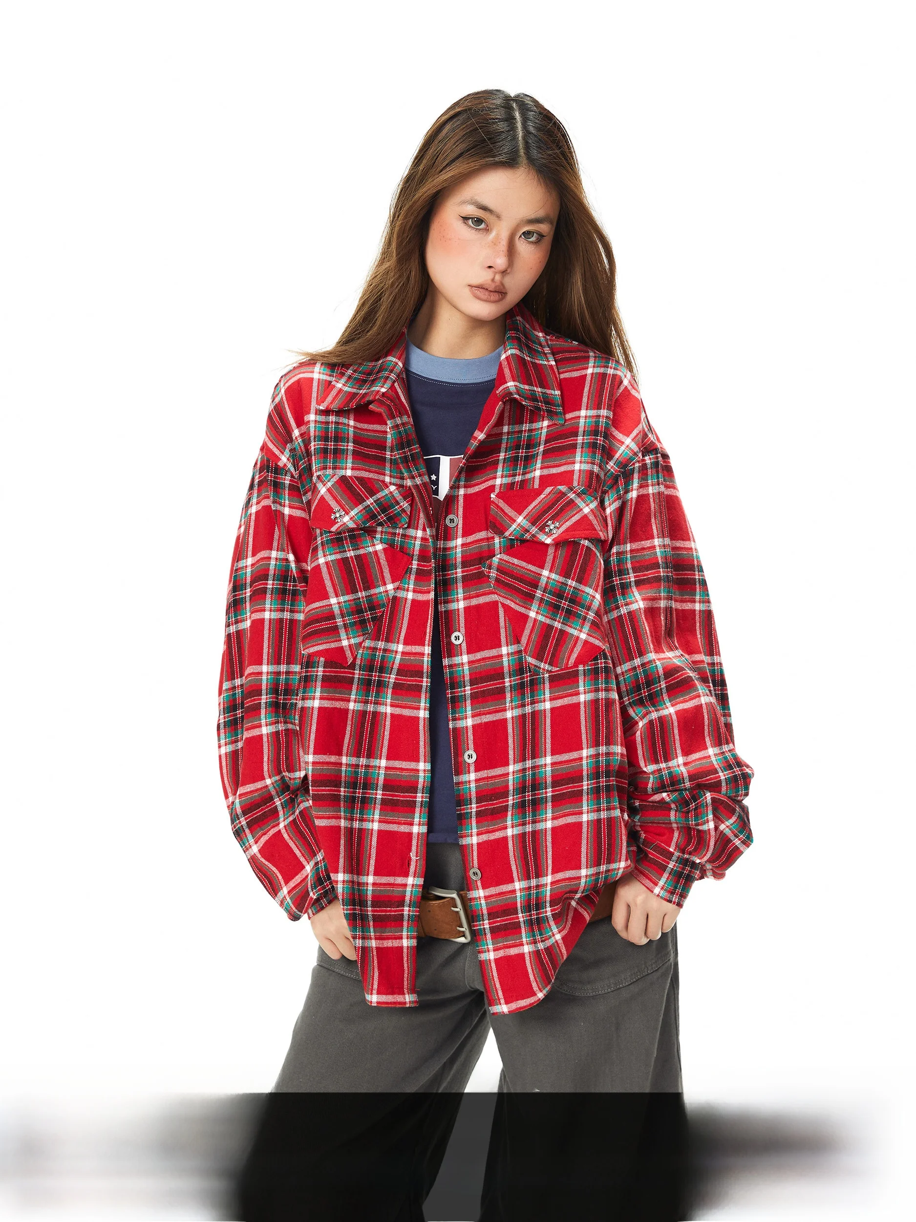 

Красная клетчатая рубашка Blabb с вышивкой, длинный рукав, женская, ранняя весна, винтажная, повседневная, свободная верхняя одежда из чистого хлопка