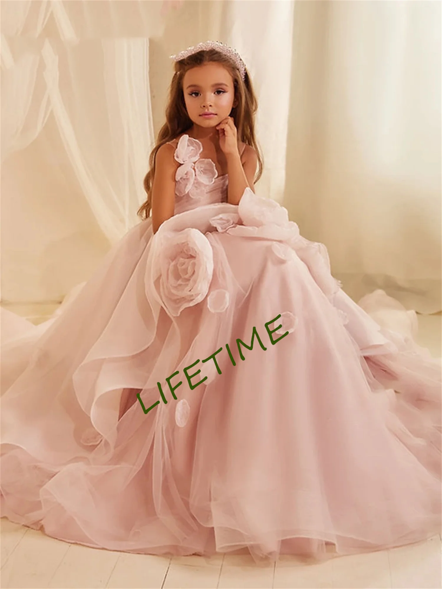 Pink Flower Girl Dress Puffy Wedding Party Dresses Cute Baby Girl Dress Princess Dress First Communion Gown Ivory