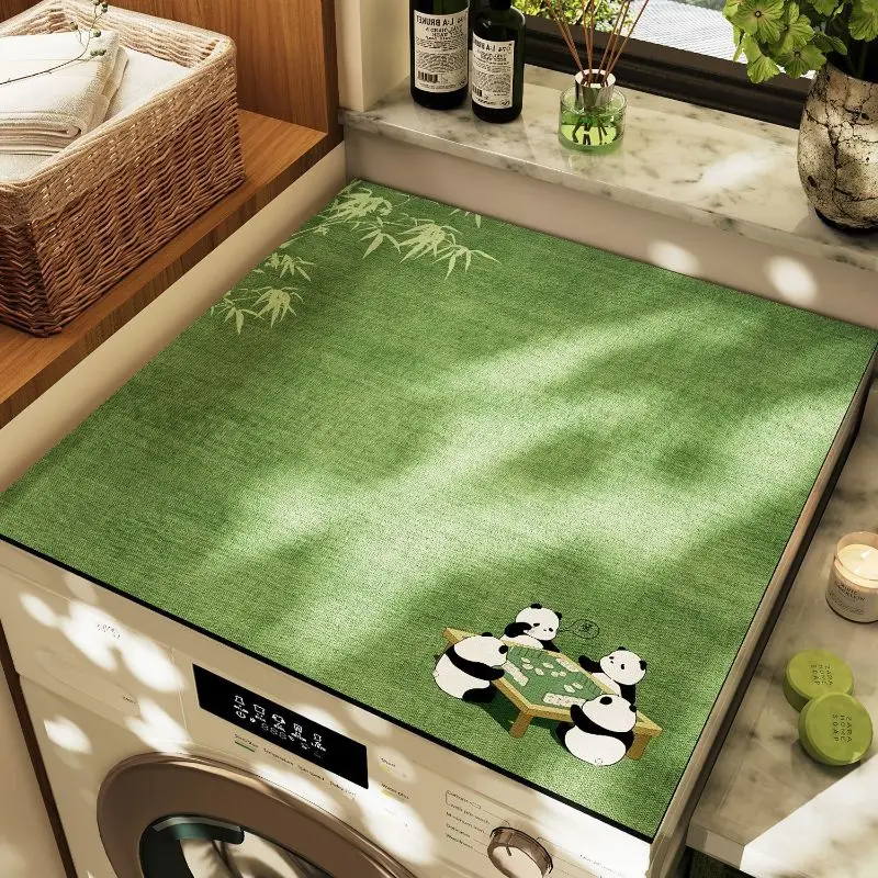 VIKAMA Forest Green Panda Mahjong Washing Machine Top Mat Bamboo Cartoon Animal Table Water Resistant Non Slip Kitchen Balcony