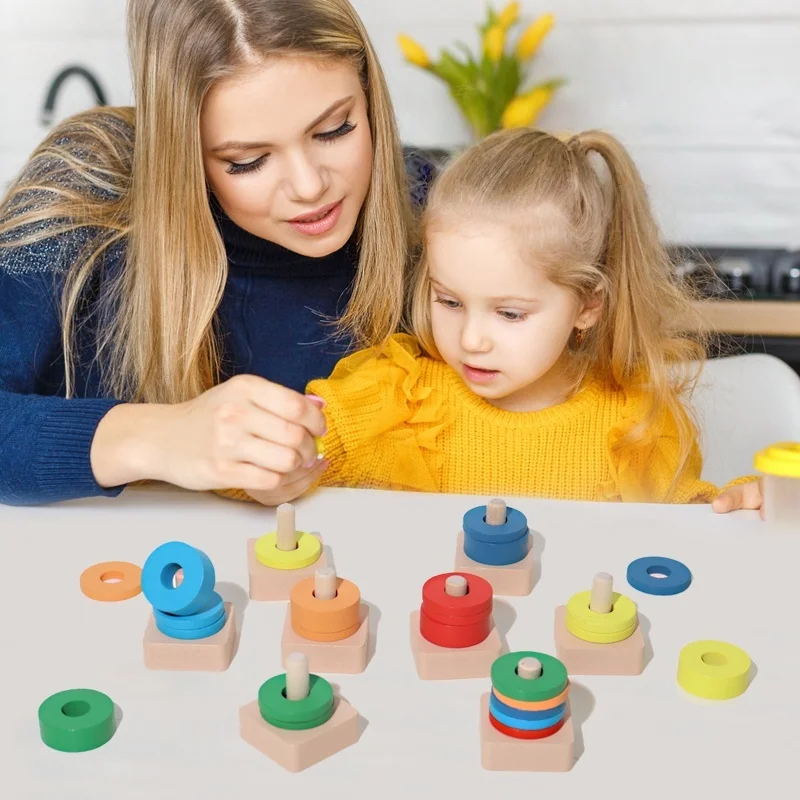 モンテッソーリ木製分類・積み重ねおもちゃ 教育学習 幼稚園 色認識 形状分類パズル 子供向けギフト