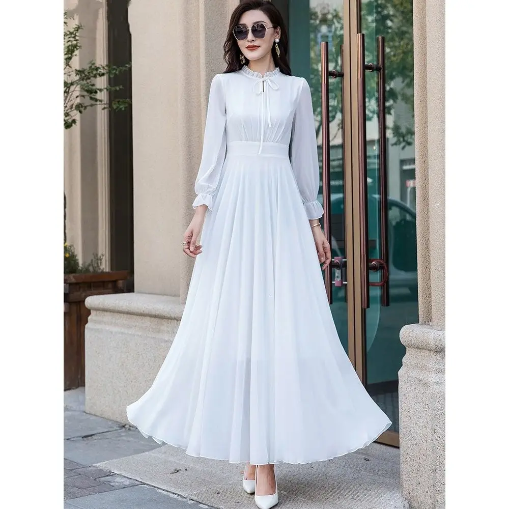 Red Chiffon Long Sleeved Dress for Women\'s Spring and Summer New Style Temperament Long Skirt with High-end Feel White Retro