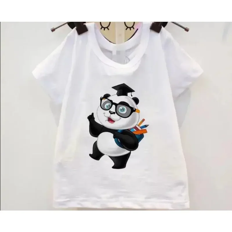 Śliczny chłopiec t-shirt kreskówka malarz Panda jedzenie bambusa dzieci ubrania letnie na co dzień słodkie dziecko, Kawaii dla dziewcząt dzieci